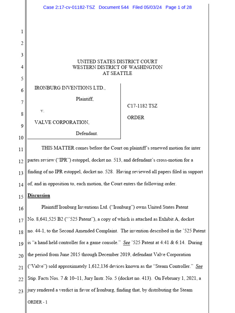 Order - IPR Estoppel - Ironburg Inventions v. Valve Corporation (WDWA ...
