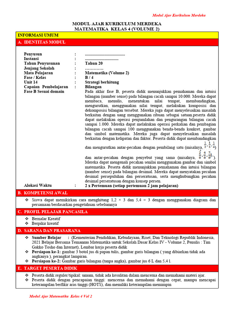 Modul Ajar Matematika Kelas 4 Vol 2 | PDF | Karier & Perkembangan | Seni