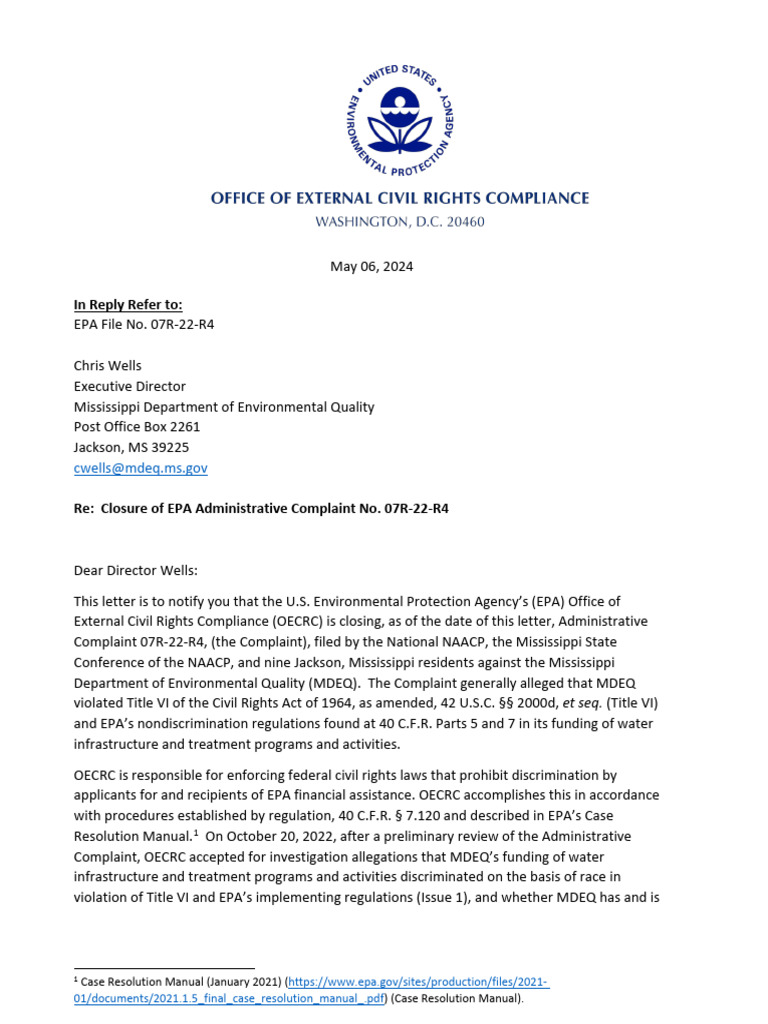 EPA Closes Complaint Against MDEQ | PDF | Clean Water Act | Race (Human ...