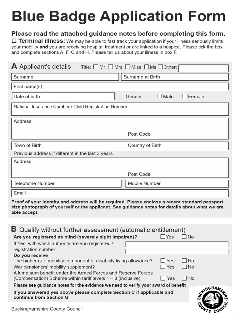 Blue Badge Application Guidance Form | PDF | Disability | Cheque