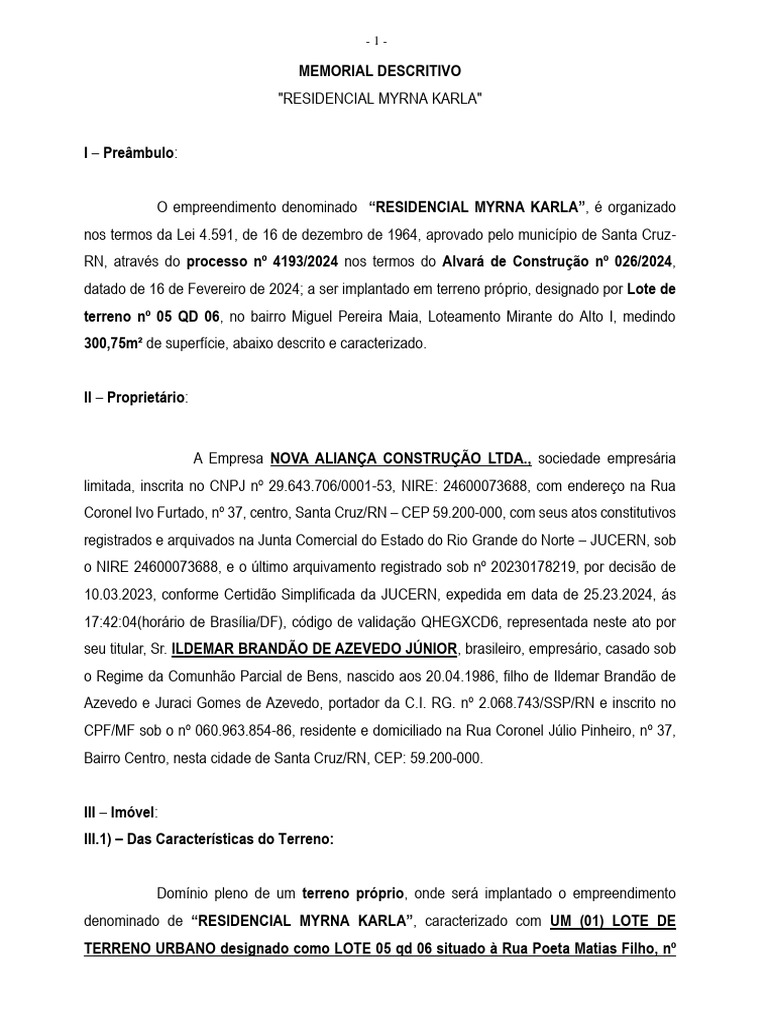 Memorial Descritivo Residencial Myrna Karla | PDF