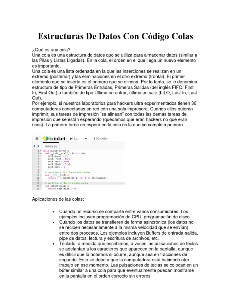 Estructuras de Datos Con Código Colas | PDF | Cola (tipo de datos ...