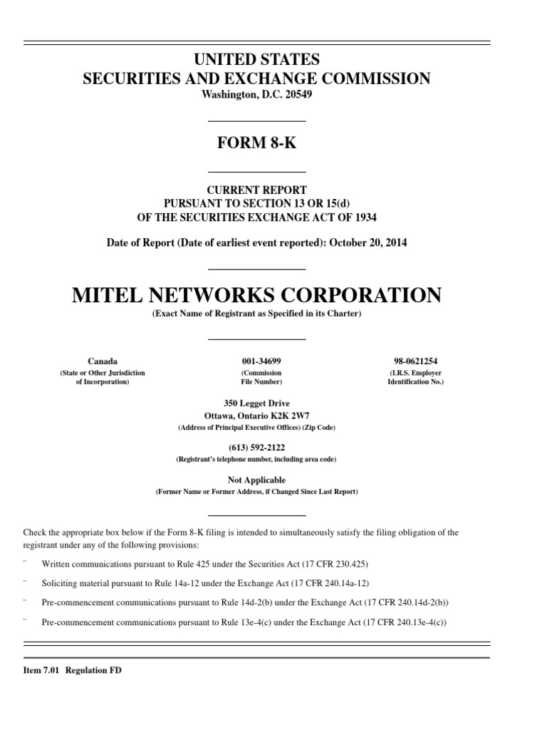 Mitel Networks Corporation 8-K 14 | PDF | Business | Corporations