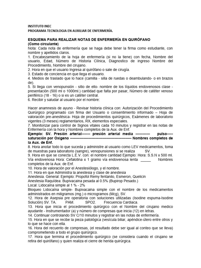 Notas De Enfermer a En Quir fano PDF Anestesia Cirujano