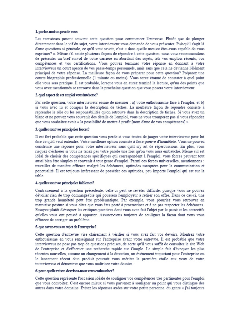 Questions clés pour réussir une entrevue | PDF