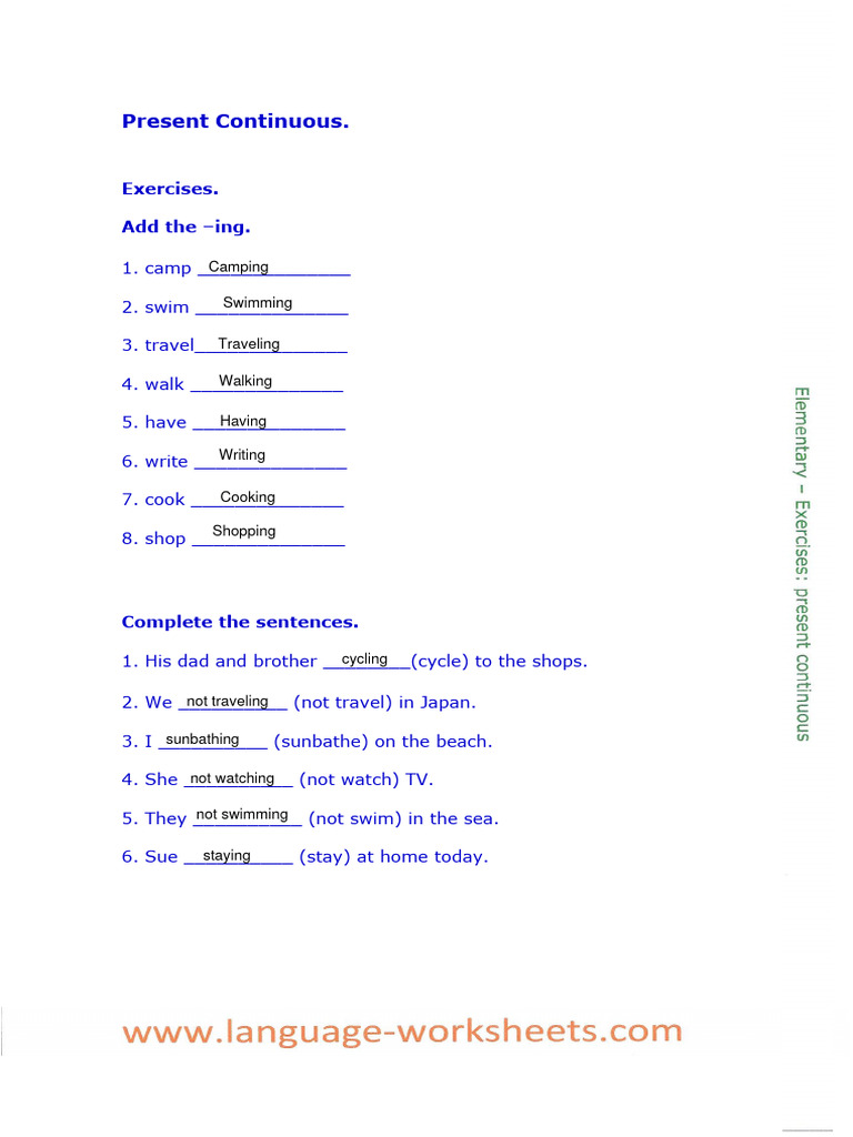 Present Continuous Exercises for Beginners | PDF | Language Arts ...