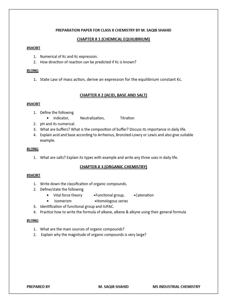 Class X Chemistry Preparation Guide | PDF | Acid | Organic Compounds