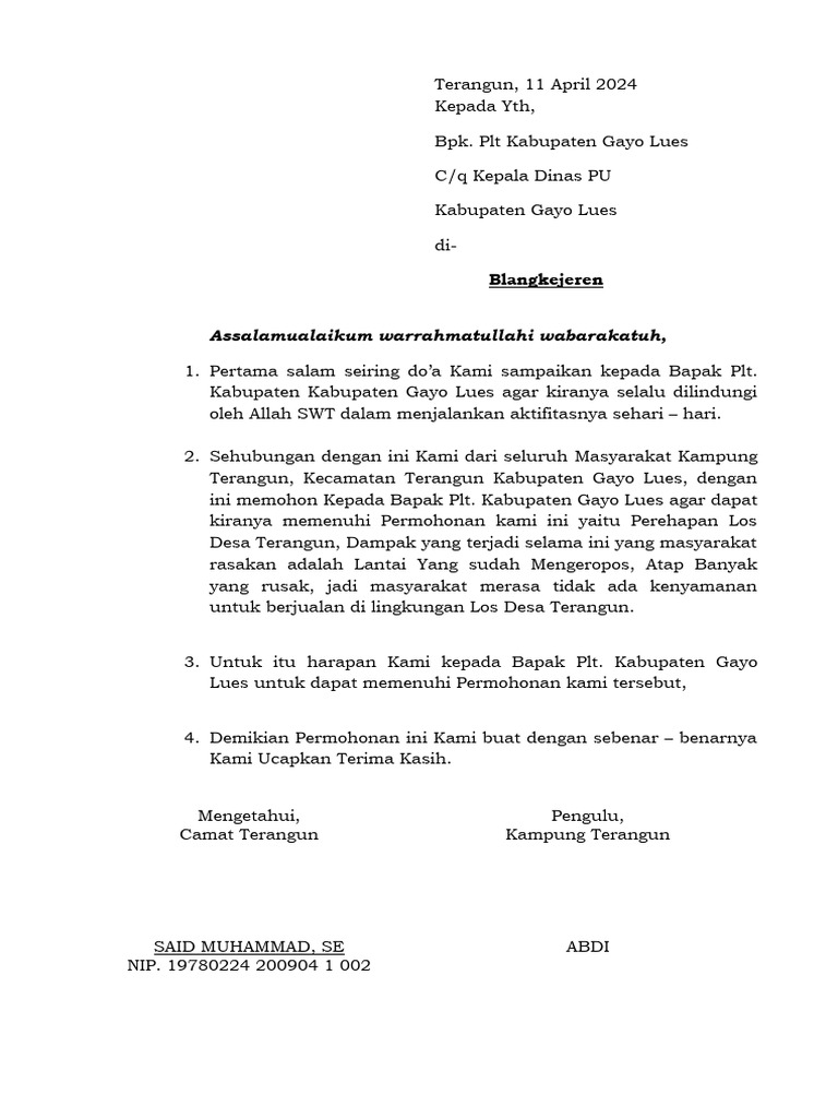 Surat Permohonan Perbaikan Los Terangun | PDF