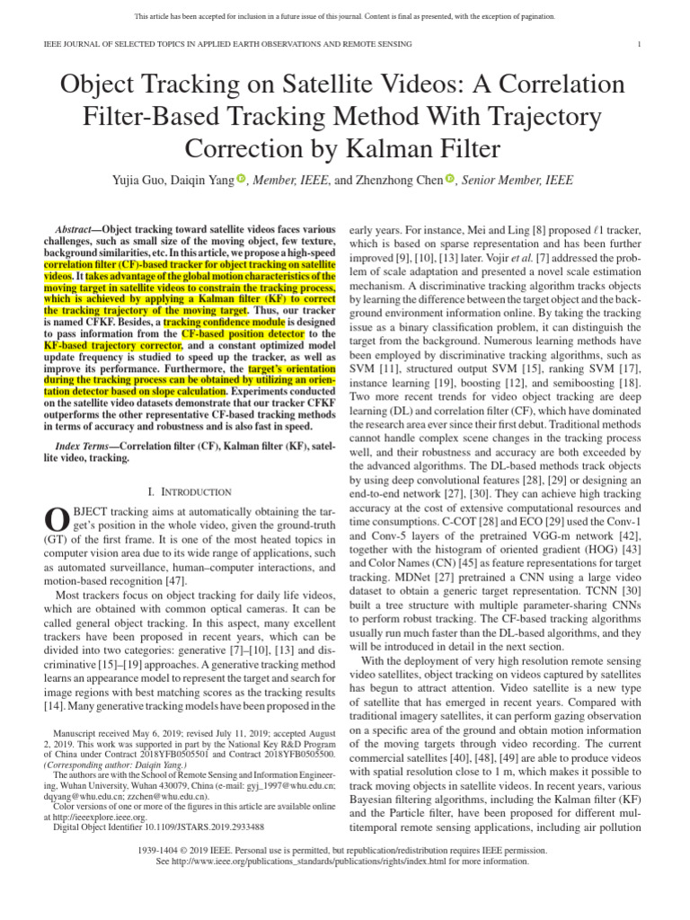 CFKF: Fast Object Tracking in Satellite Videos | PDF | Kalman Filter