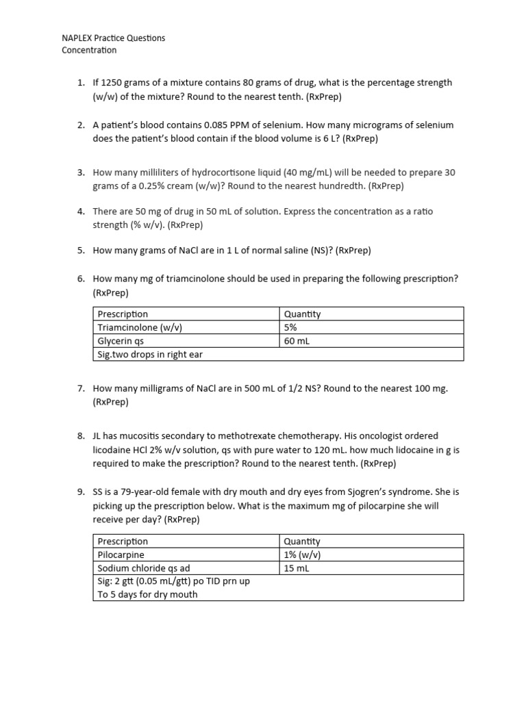 NAPLEX Concentration Practice Questions | PDF | Mass Concentration ...