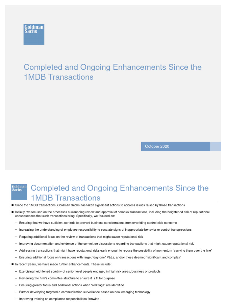 Goldman Sachs Compliance Enhancements Post-1MDB | PDF | Regulatory ...