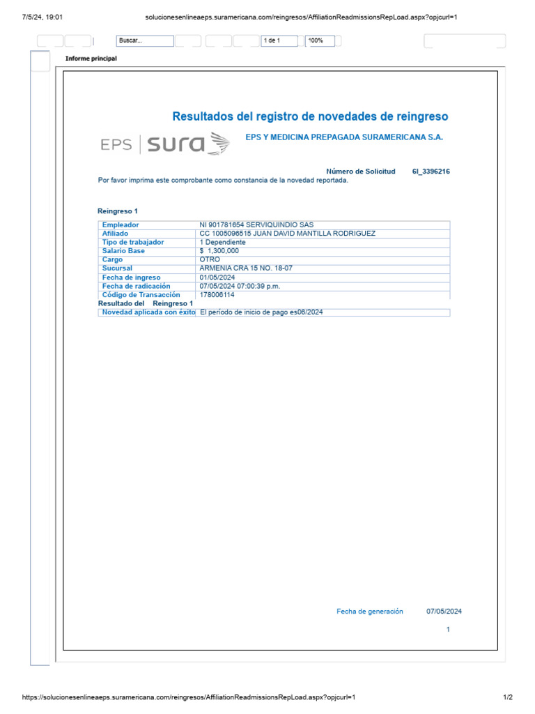 Reingreso exitoso en EPS Suramericana | PDF | Finanzas y dinero