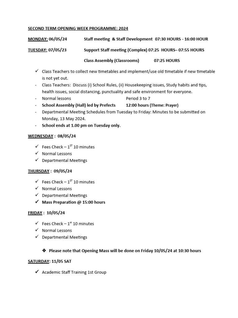 Second Term Opening Week Schedule 2024 | PDF