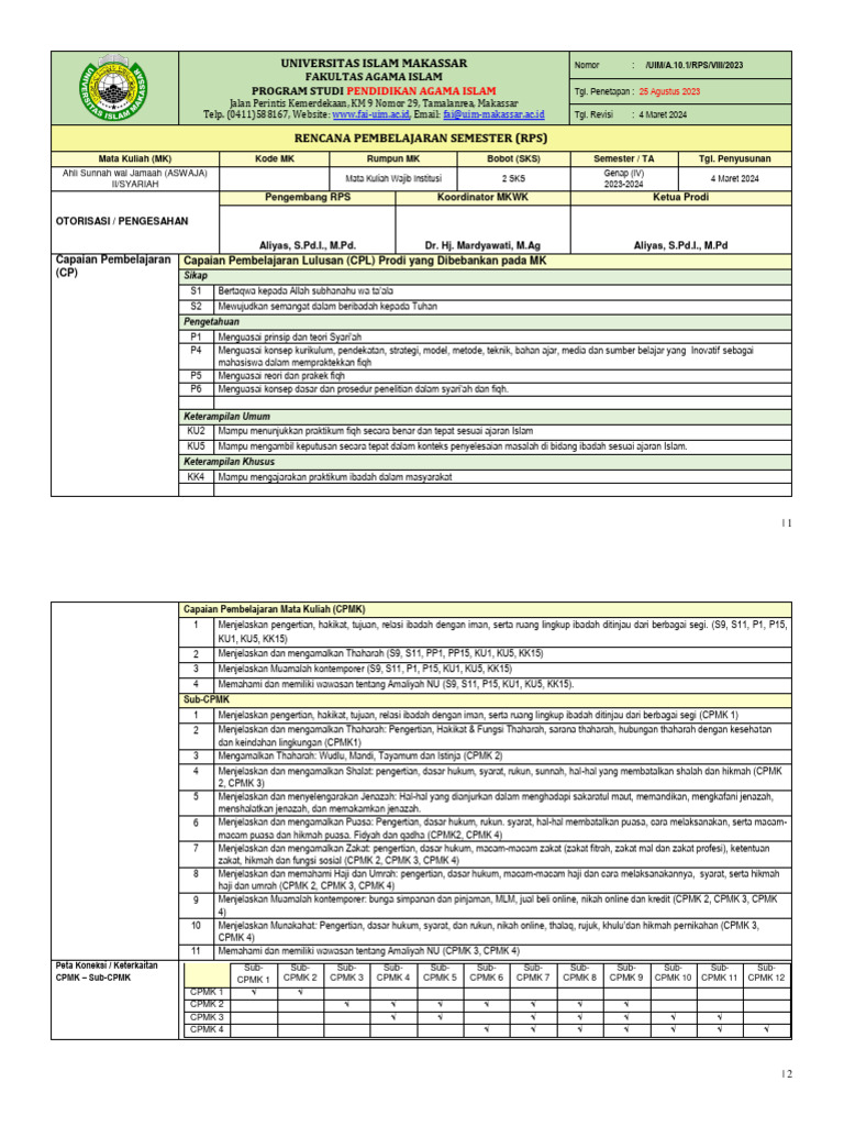RPS Mata Kuliah Aswajah II Syariah | PDF