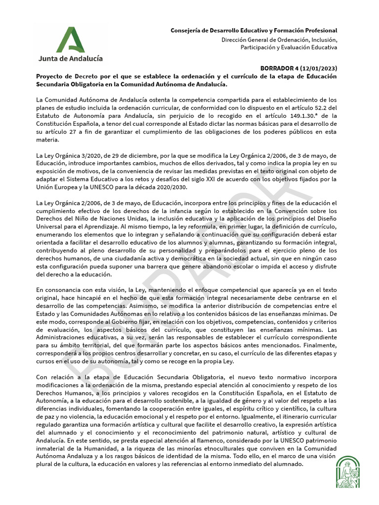 Andalucia Borrador Decreto Curriculo LOMLOE Secundaria | PDF | Plan de ...