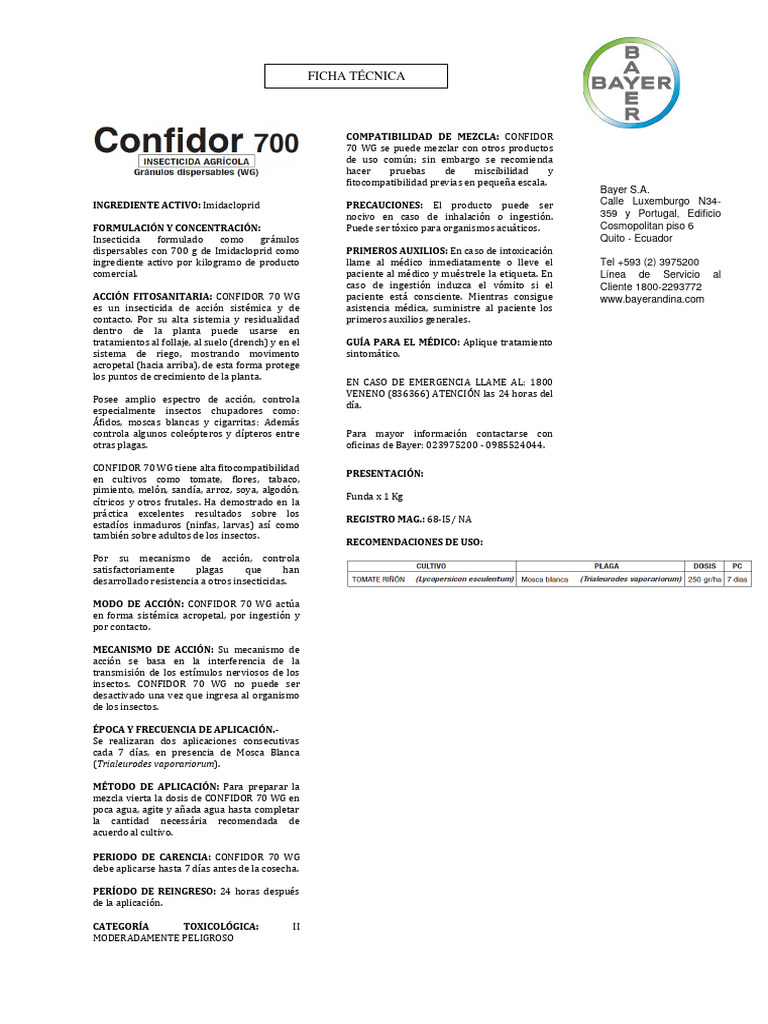 Ficha Técnica de Confidor 70 WG | PDF | Insectos | Insecticida