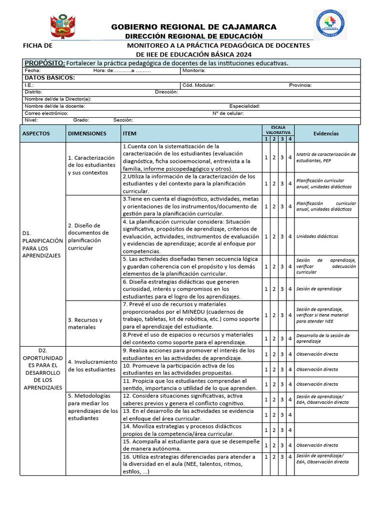 Ficha de Monitoreo Docente 2024 | PDF | Evaluación | Aprendizaje