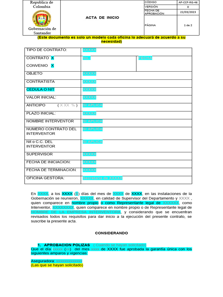 Acta de Inicio de Contrato X | PDF