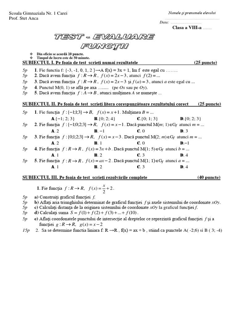 Functii - Cls VIII - Test de Evaluare Formativa | PDF