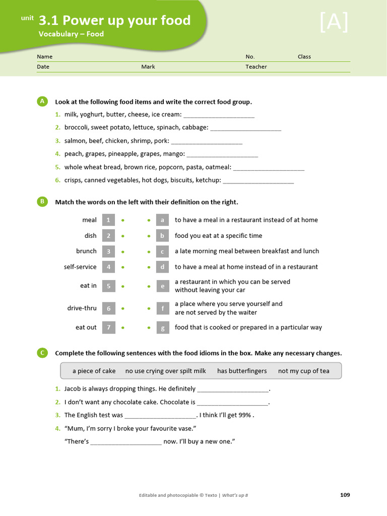 Food Vocabulary and Idioms Worksheet | PDF | Meal | Foods