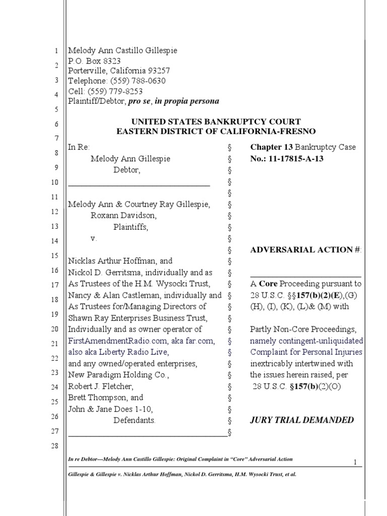 10 11 2011 courtney ray melody ann gillespie original complaint in