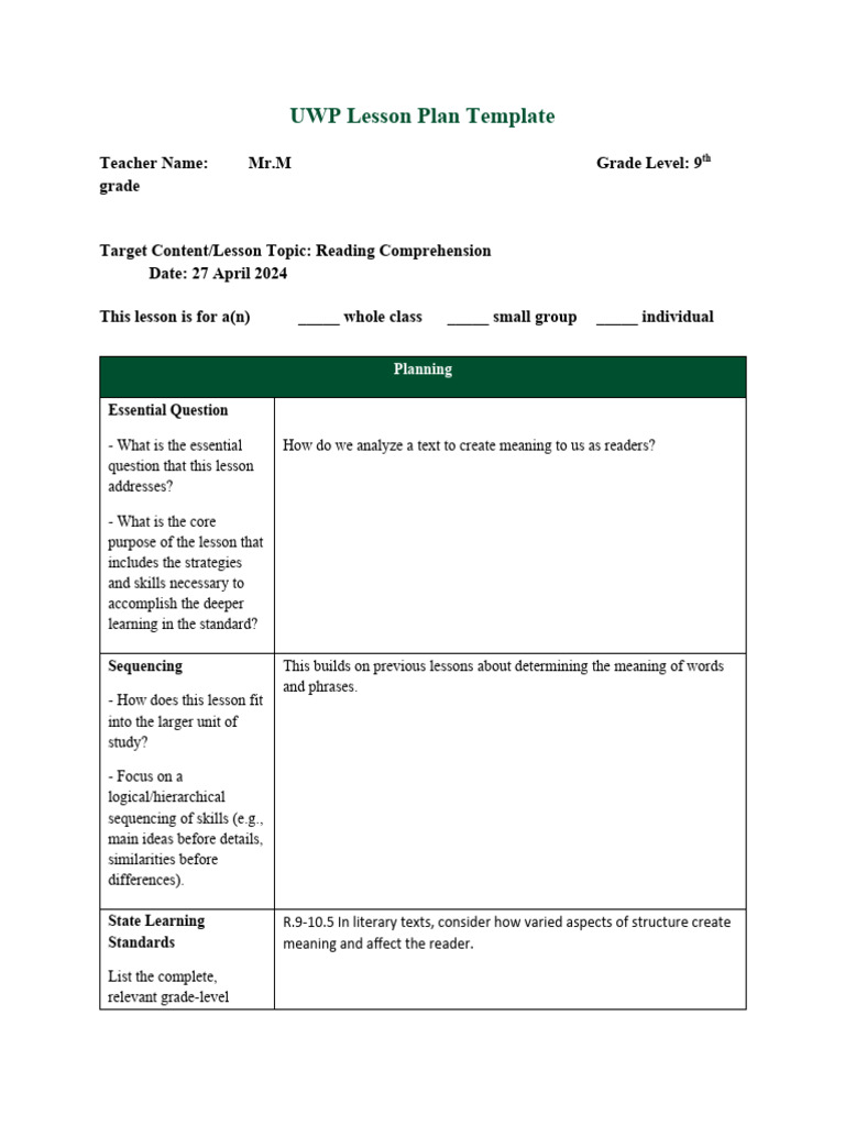 UWP Reading Comprehension Lesson Plan | PDF | Reading Comprehension ...