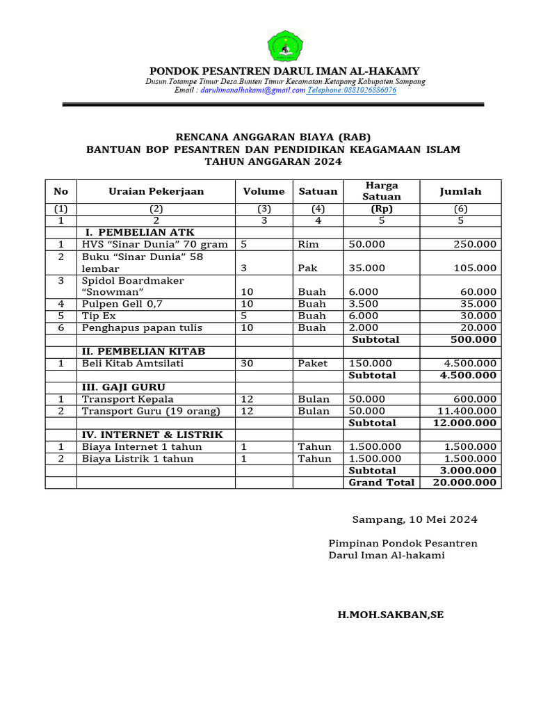 RAB BOP Pesantren 2024 Darul Iman | PDF