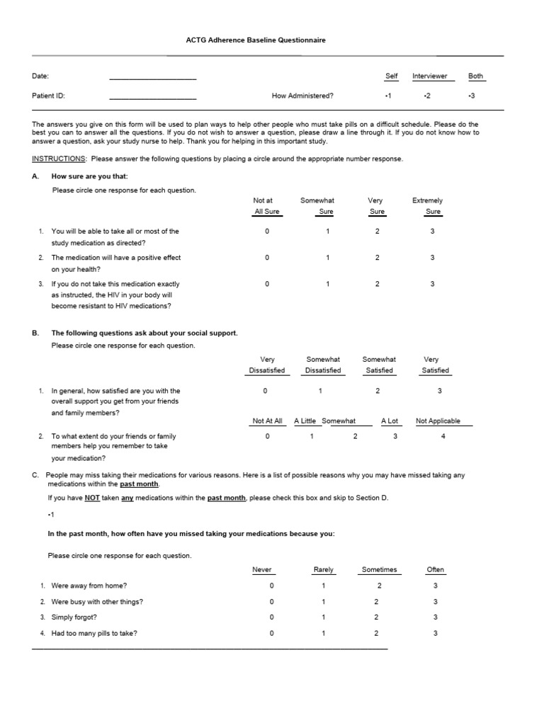 ACTG Adherence Questionnaire Overview | PDF | Alcoholic Beverages | Drink