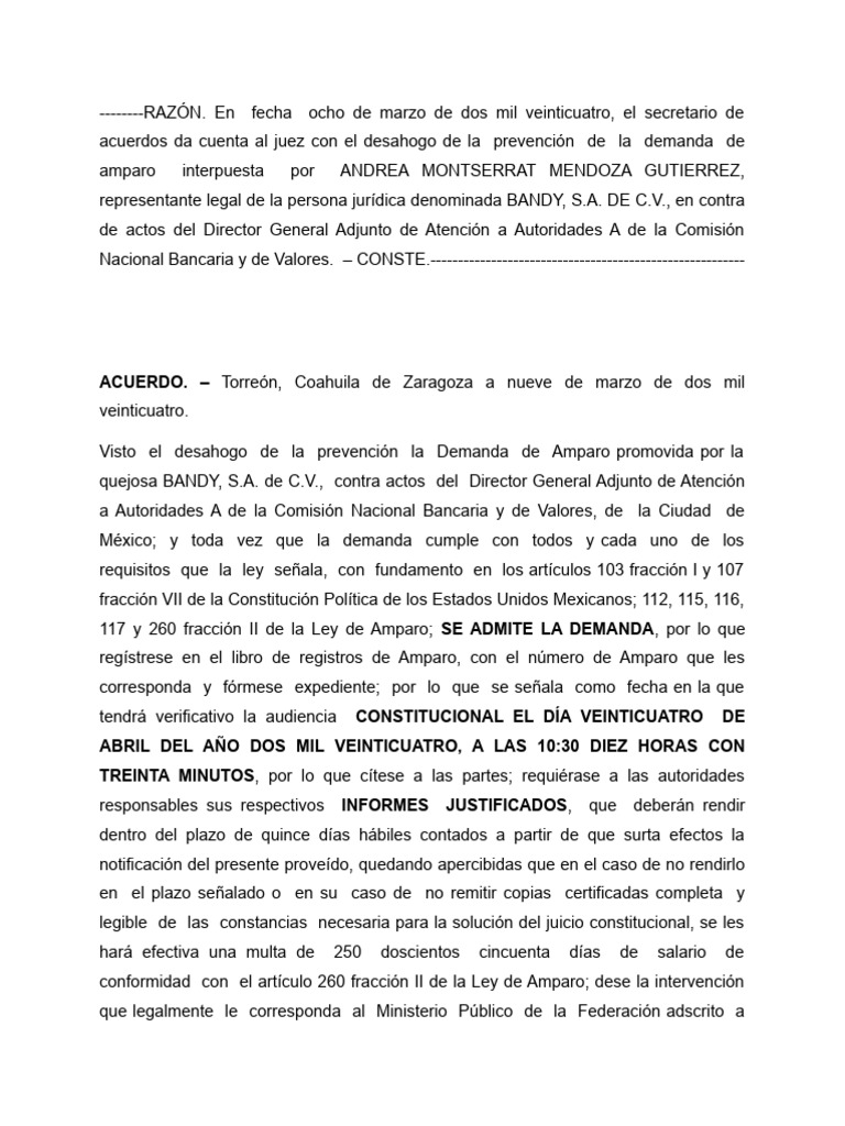 Admisión de Amparo de BANDY, S.A. de C.V. | PDF | Justicia | Crimen y ...