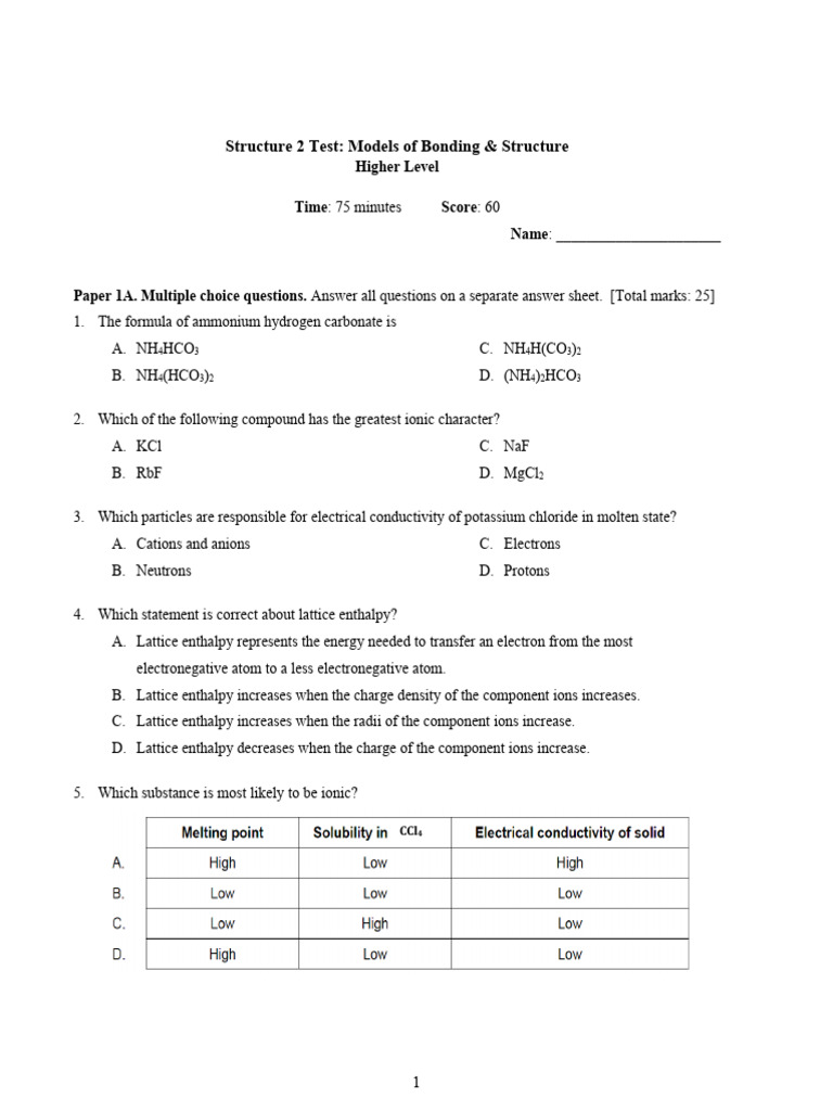 Structure+2+ (Part+1) +test HL | PDF | Ion | Ionic Bonding