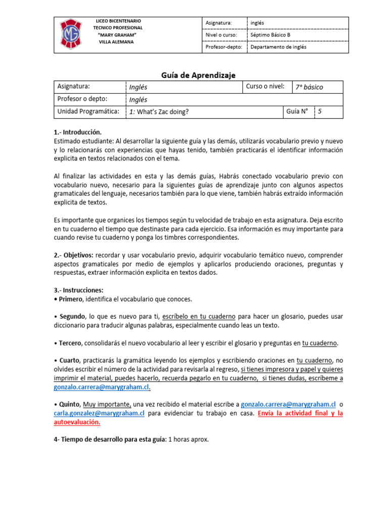 Guia Inglés 5 Septimo Unidad 1 | PDF | Léxico | Lingüística