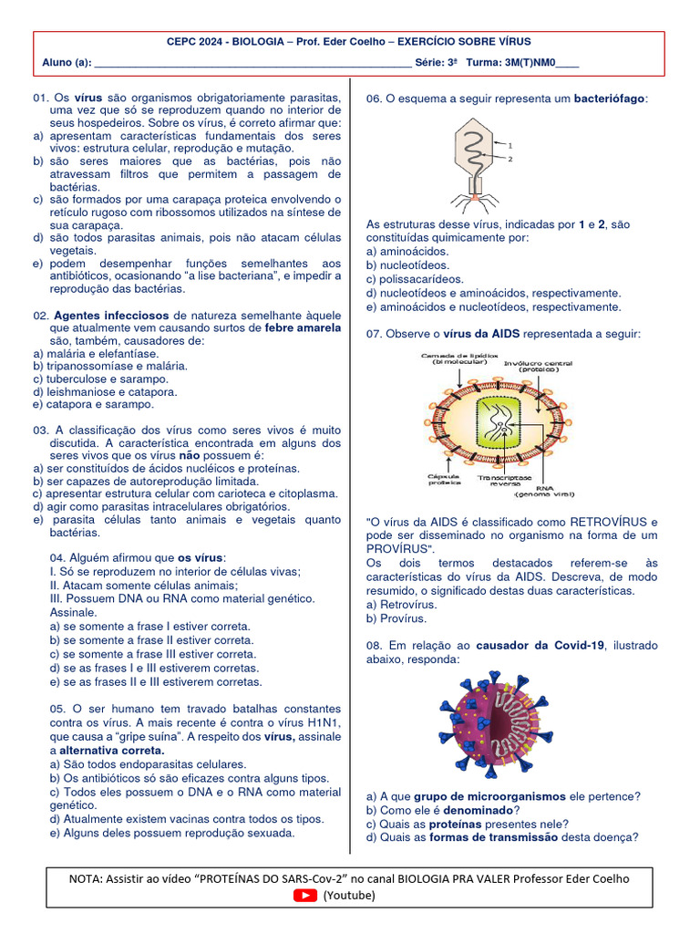 Vírus Atividade PDF 2024 | PDF | Vírus | Célula (Biologia)