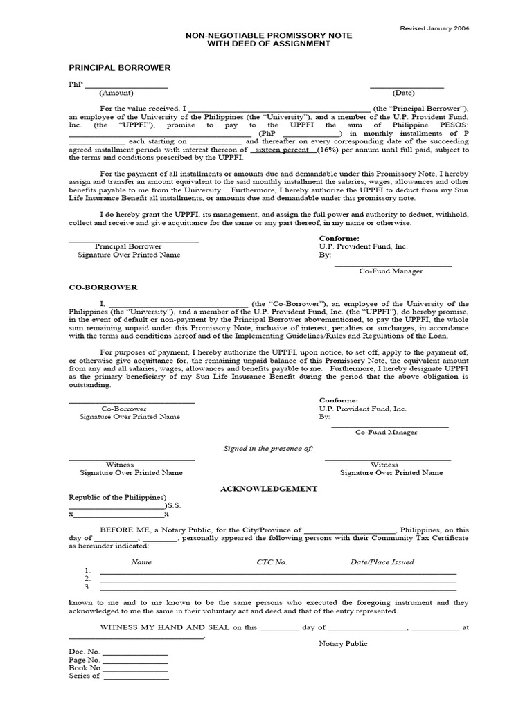 NonNegotiable Promissory Note With Deed of Assignment Download Free