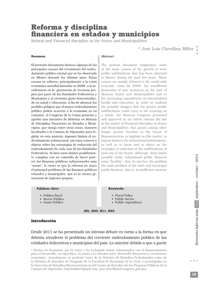 Reforma y disciplina financiera en estados y municipios 2013 Econom a 