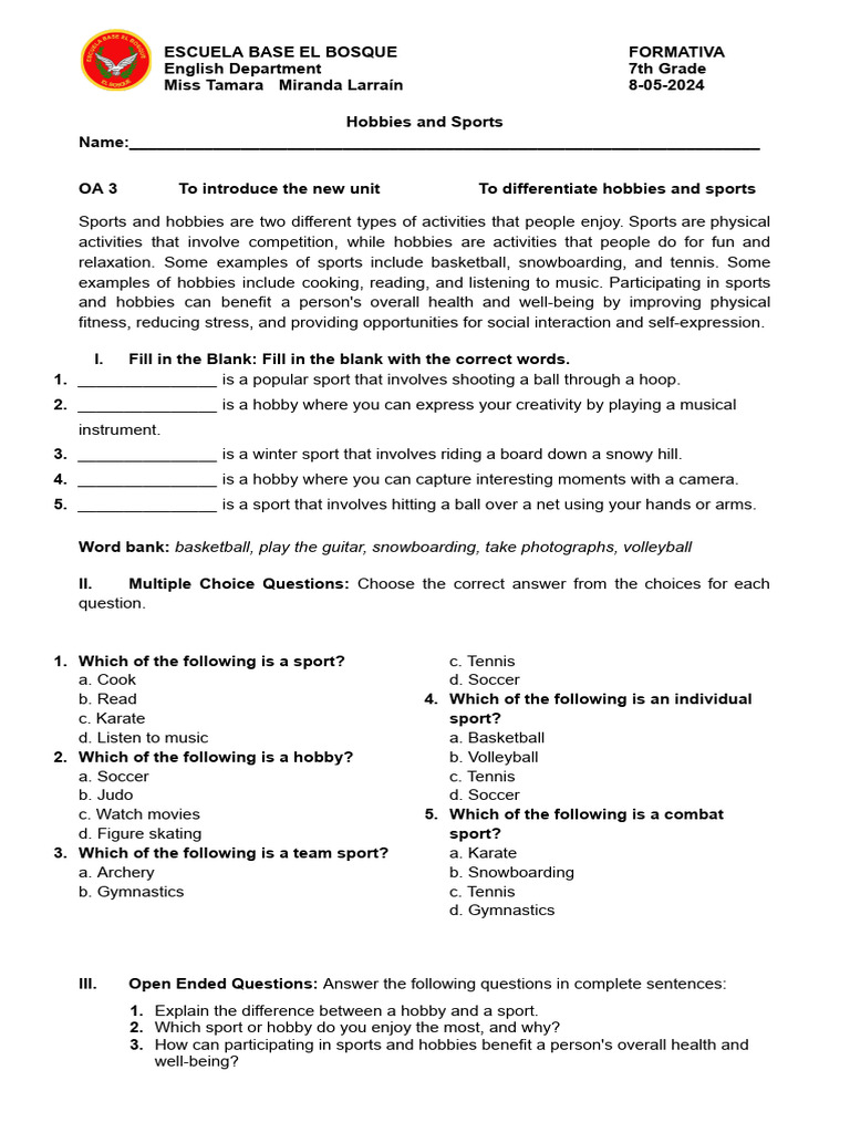 Hobbies vs. Sports: 7th Grade Lesson Plan | PDF | Sports