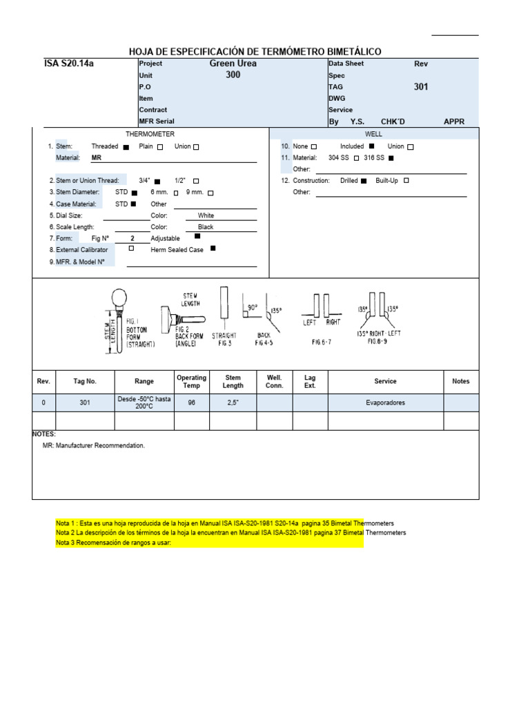 Bimetal Thermometer Specification Sheet | PDF