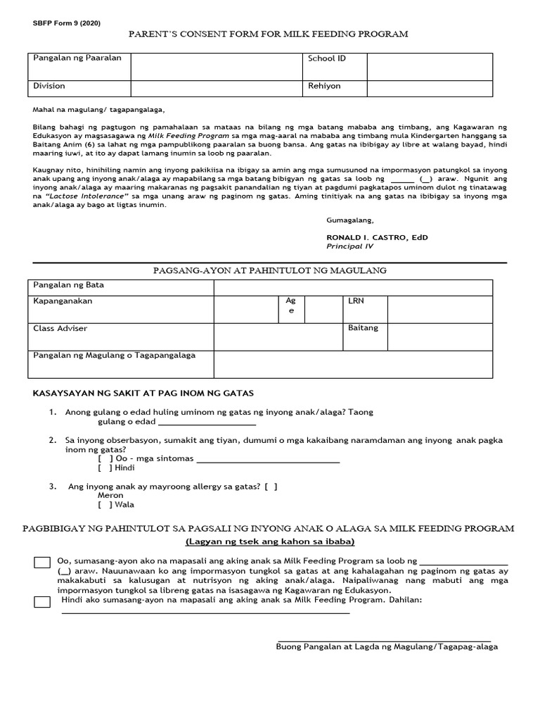 Parental Consent - Milk Feeding | PDF