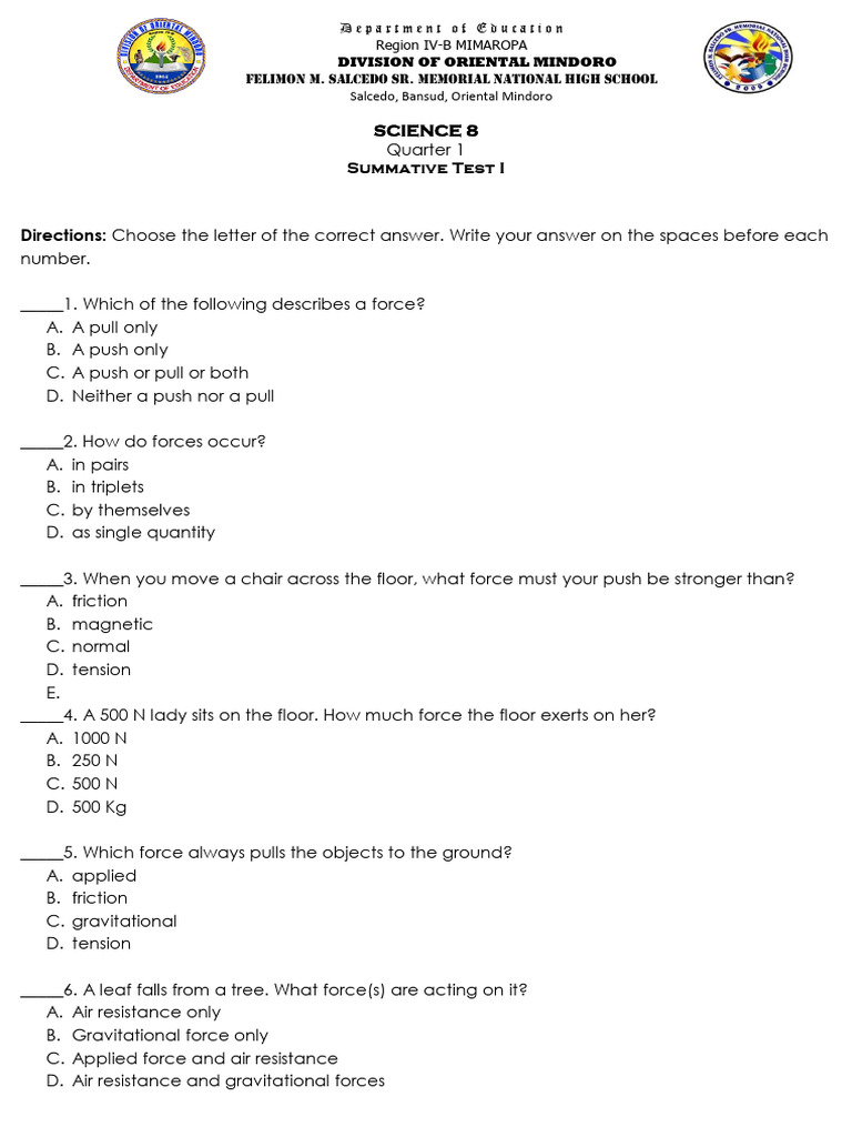 Science 8 Quarter 1 Summative Test | PDF | Force | Newton's Laws Of Motion