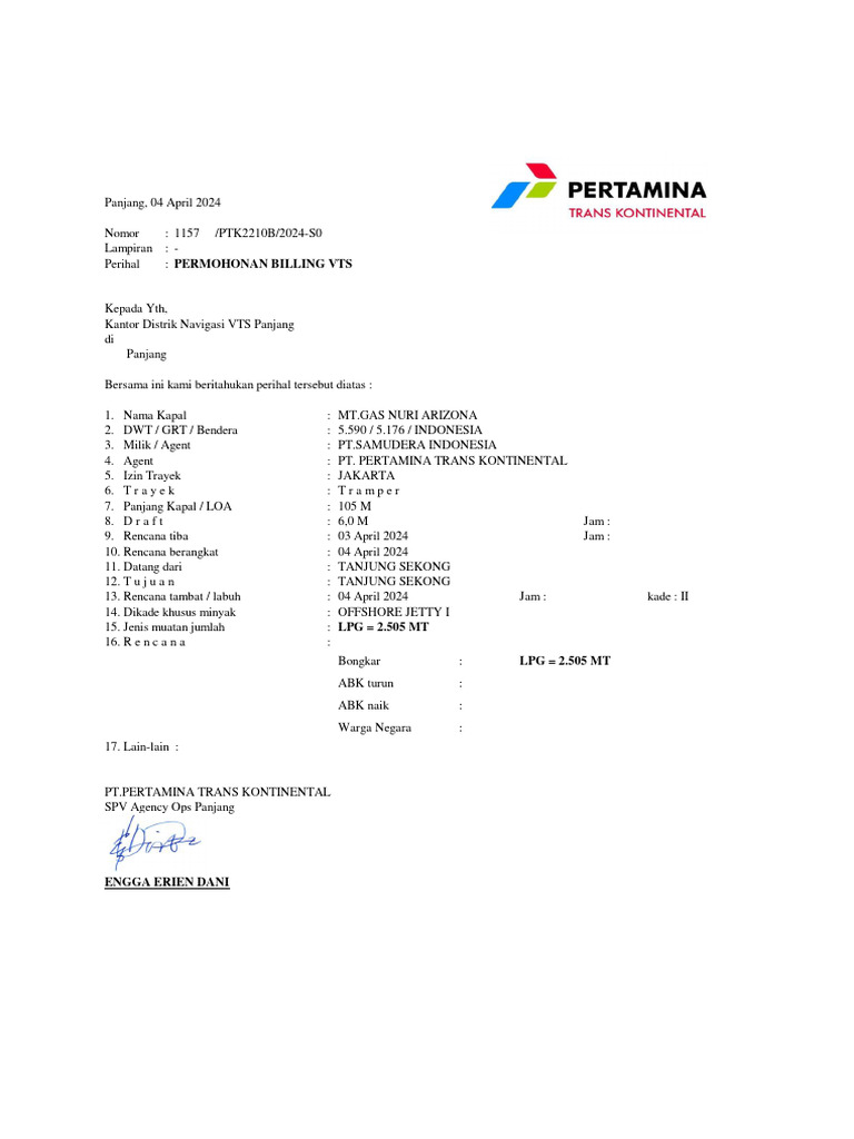 Permohonan Billing MT Gas Nuri Arizona | PDF