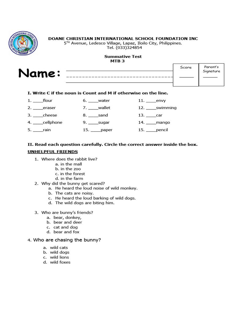 Doane Christian International School Foundation In1 PDF Animals And