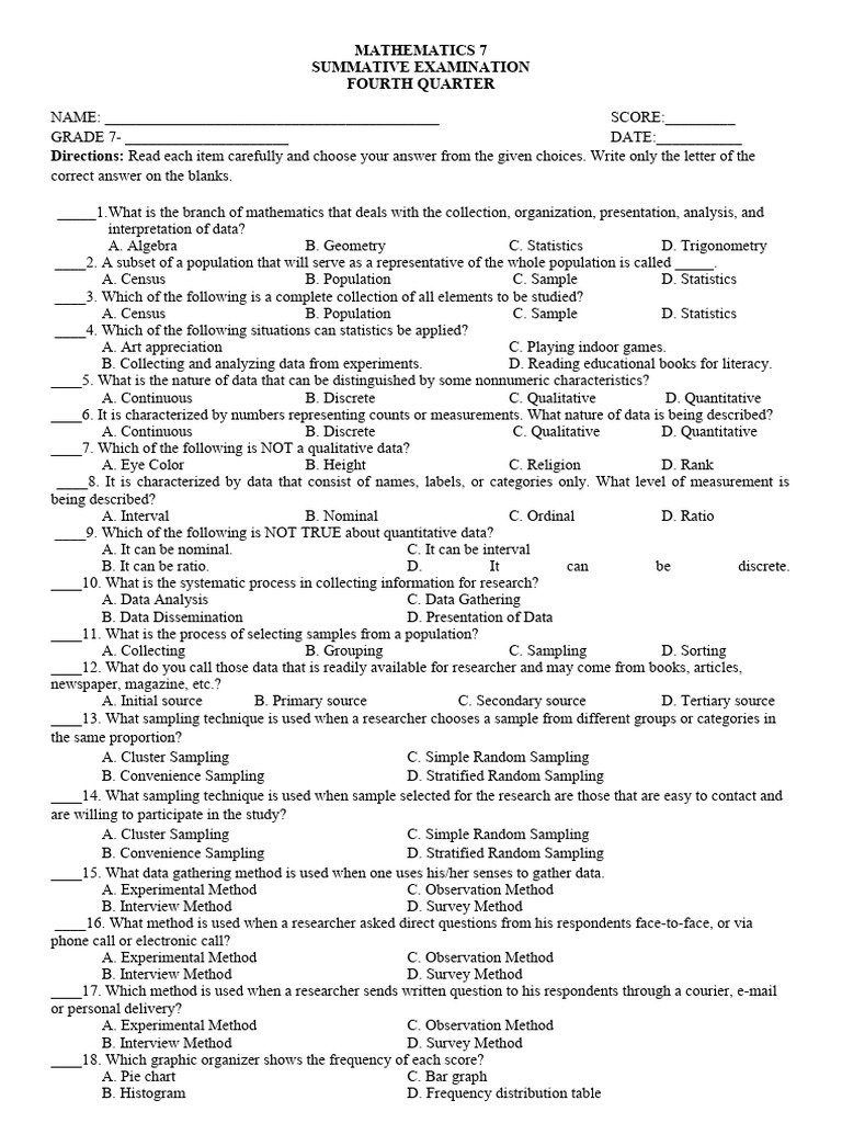 Math 7 long quiz 4th quarter download free pdf sampling statistics