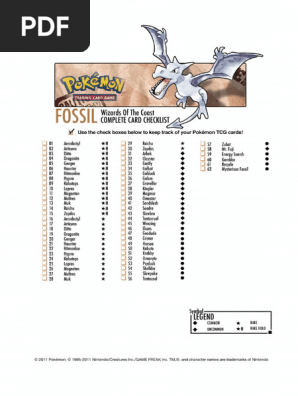 fossil pack pokemon card list (62/62) Complete Master Set 1999 Product Details This booster pack contains 11 cards for Wizards of the Coast printed Fossil set Fossil card list (International TCG)