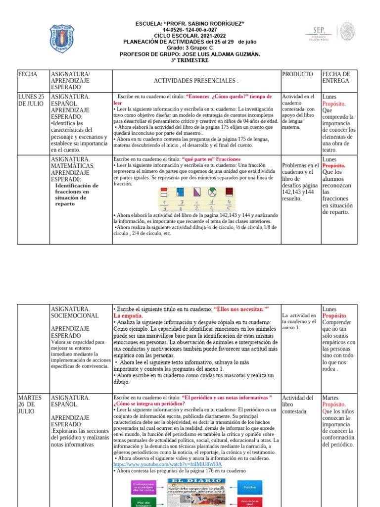 Planeacion Semana Del 25 Al 29 de Julio Del 2022 | PDF | Aprendizaje ...