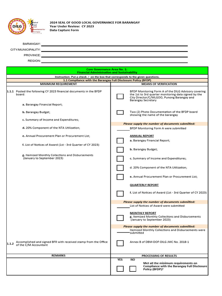 2024 Barangay Governance Data Capture Form | PDF | Emergency Management ...