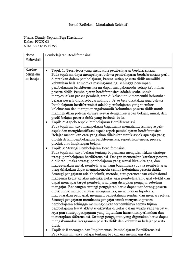 Jurnal refleksi pembelajaran berdiferensiasi pdf