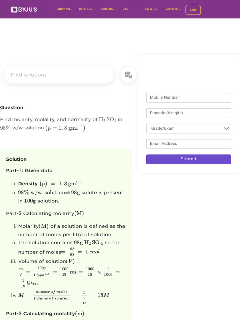 Findmolarity,Molality,AndnormalityofH2SO4in98%w Wsolution.ρ=1.8gml1