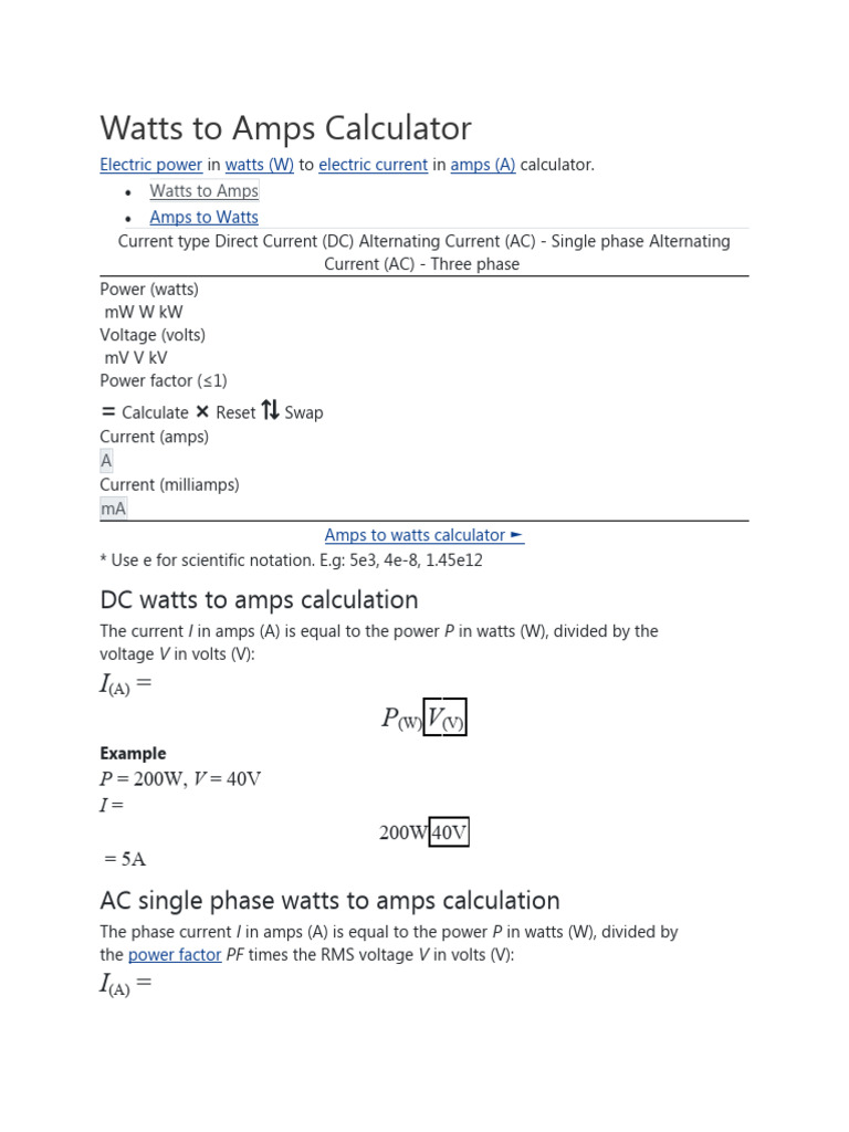 Watts to Amps Conversion Calculator | PDF