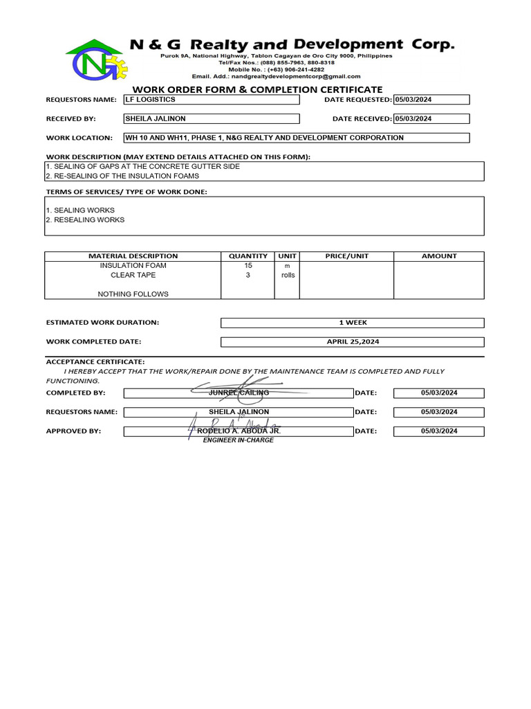 Work Order & Completion Certificate Form | PDF