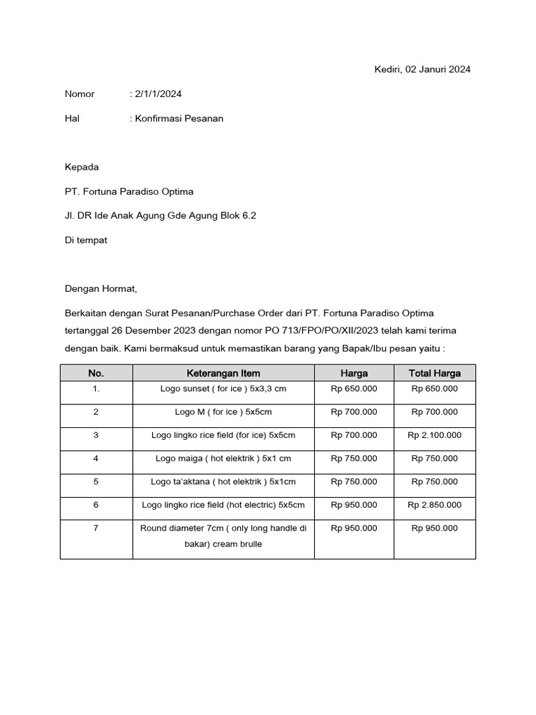 FORMAT SURAT KONFIRMASI PESANAN (2) - Ditandatangani | PDF | Bisnis