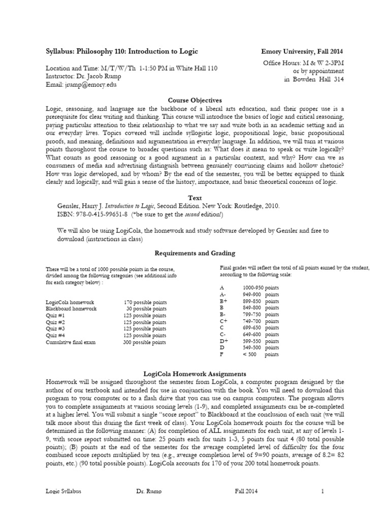 Logic Syllabus Emory 2014 | PDF | Logic | Reason